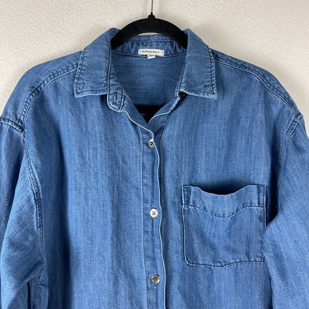 WeWoreWhat Linen Blend Top Womens XS Small Blue Long Sleeve Button Down - Picture 2 of 13